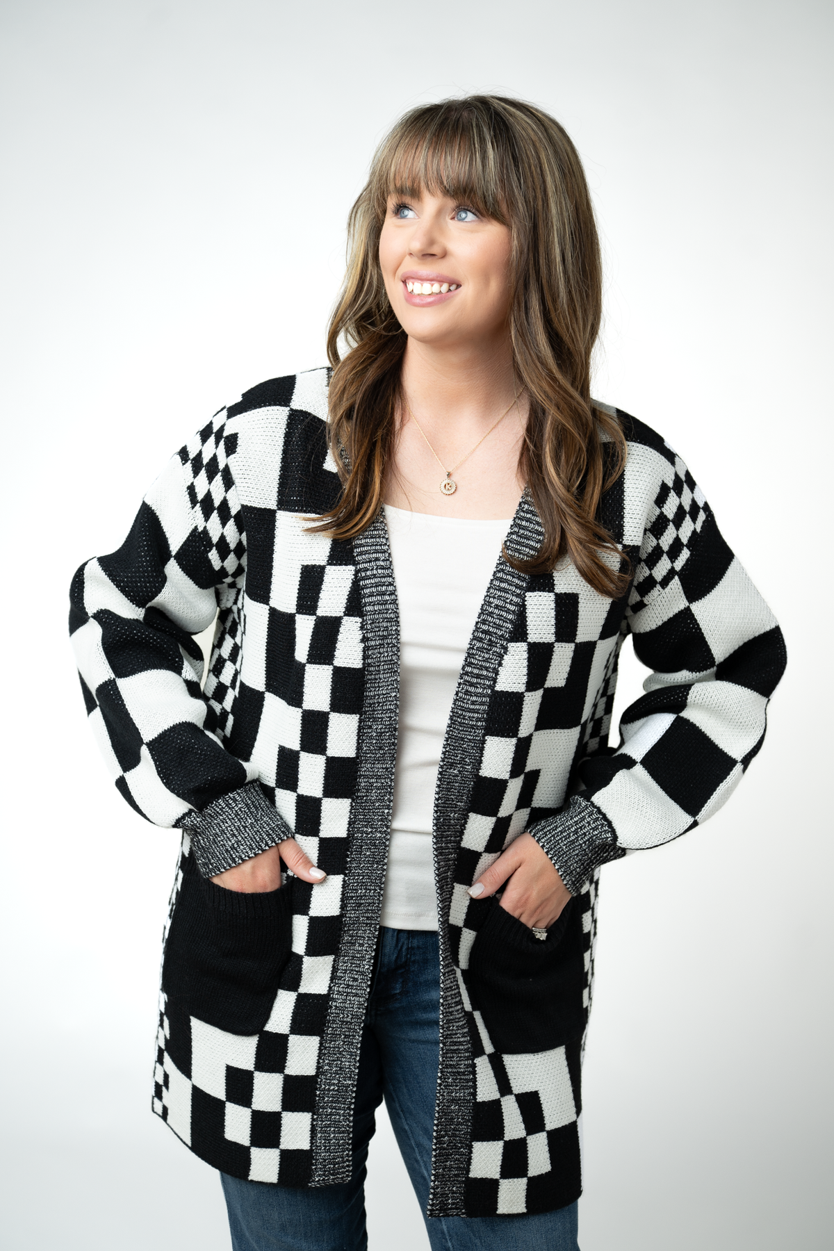 IN STOCK Long Checkered Pocket Cardigan - Black and White FINAL SALE