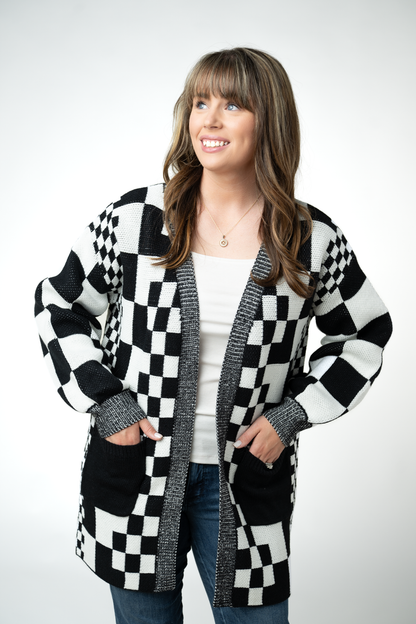 IN STOCK Long Checkered Pocket Cardigan - Black and White FINAL SALE