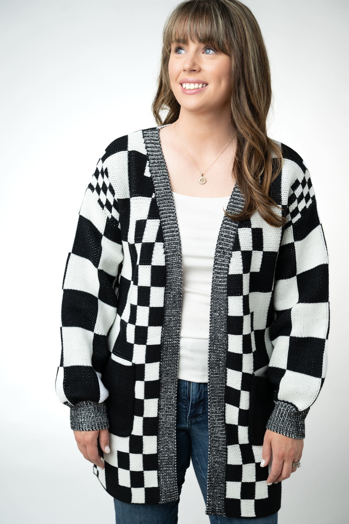 IN STOCK Long Checkered Pocket Cardigan - Black and White FINAL SALE