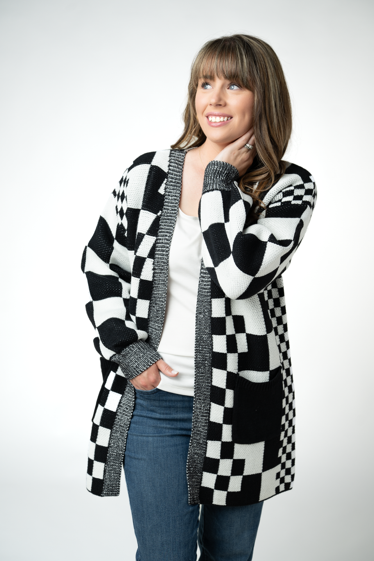 IN STOCK Long Checkered Pocket Cardigan - Black and White FINAL SALE