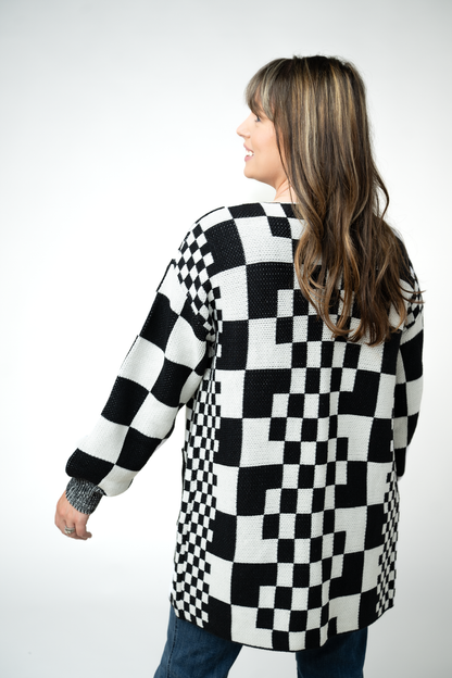 IN STOCK Long Checkered Pocket Cardigan - Black and White FINAL SALE