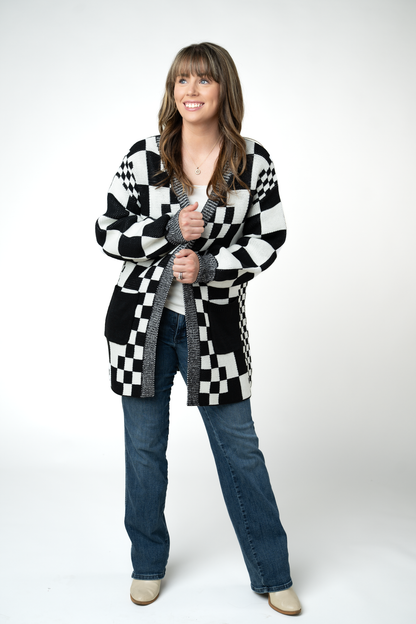 IN STOCK Long Checkered Pocket Cardigan - Black and White FINAL SALE