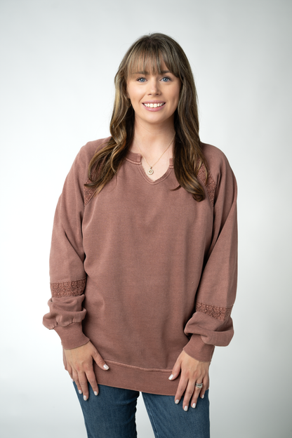 IN STOCK Lace Accent Vintage Wash Pullover - Brown FINAL SALE