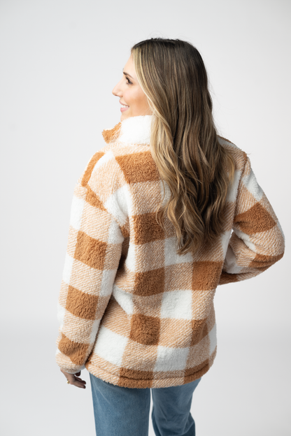 IN STOCK Sherpa Plaid Pullover - Camel
