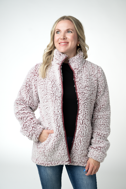 IN STOCK Two Tone Fullzip Sherpa - Cranberry and White