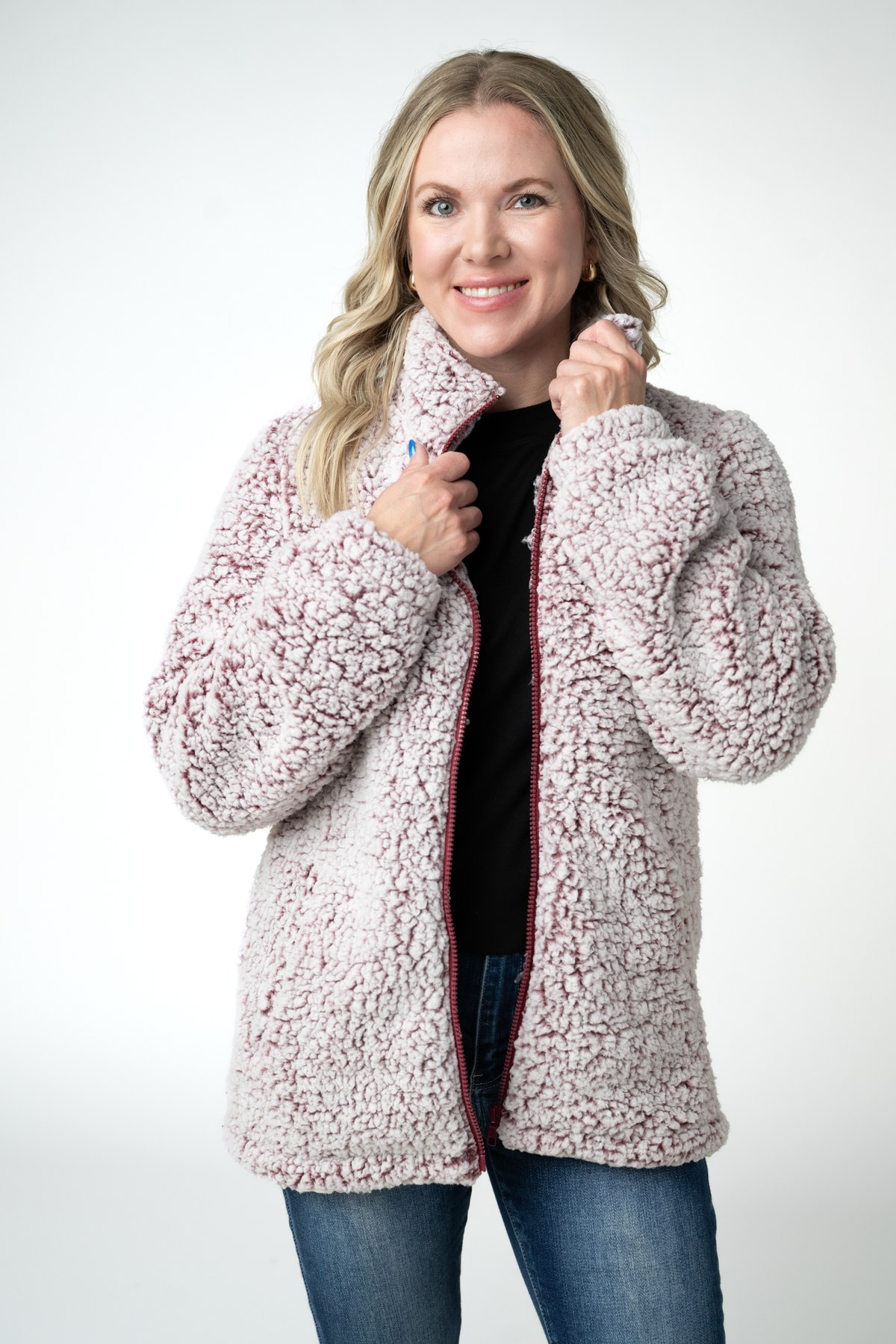 IN STOCK Two Tone Fullzip Sherpa - Cranberry and White