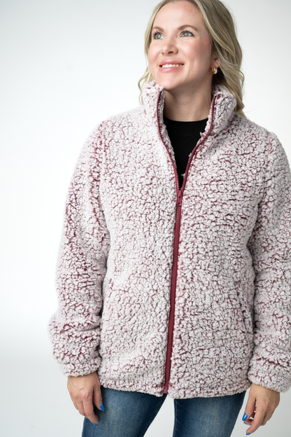 IN STOCK Two Tone Fullzip Sherpa - Cranberry and White