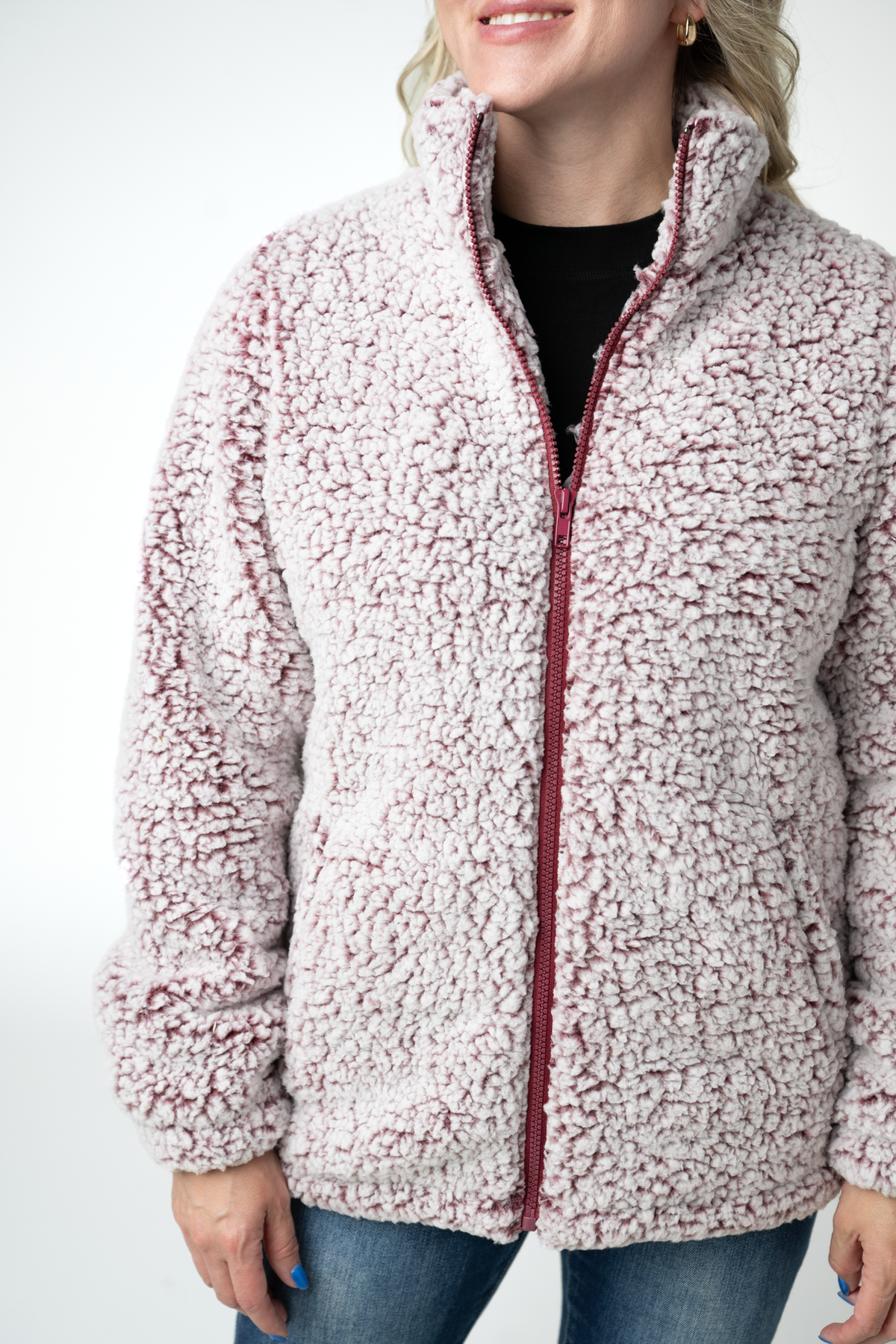 IN STOCK Two Tone Fullzip Sherpa - Cranberry and White