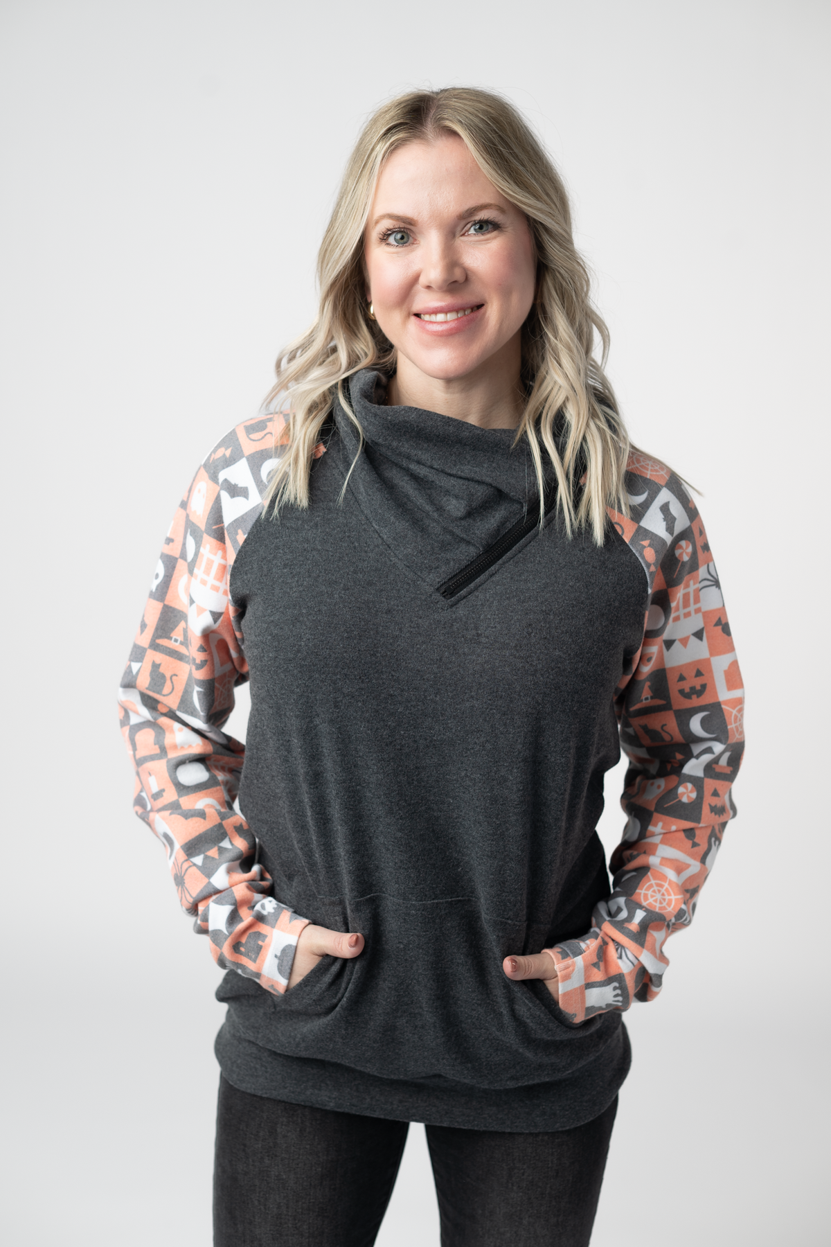 IN STOCK Zoey ZipCowl Sweatshirt -Trick-or-Treat Checkered and Charcoal FINAL SALE