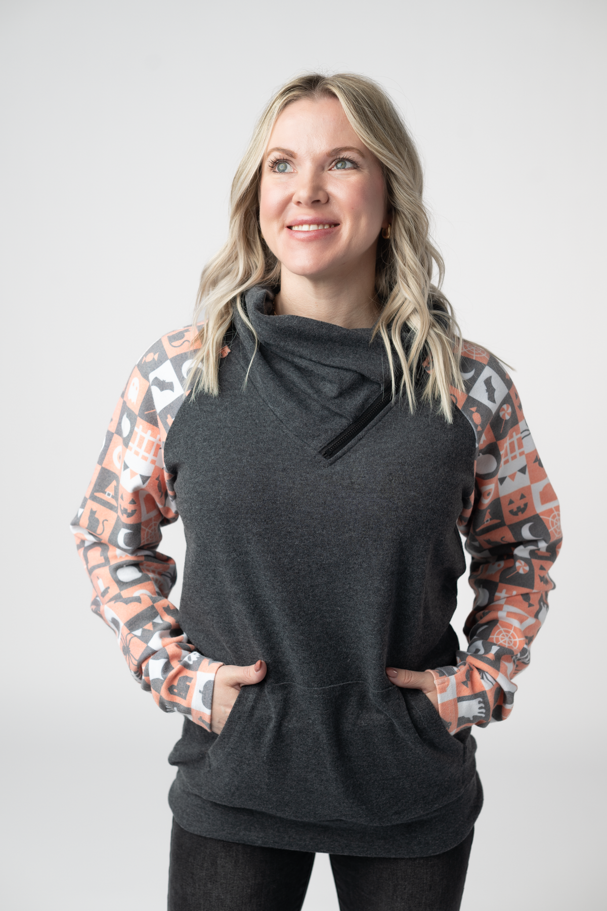 IN STOCK Zoey ZipCowl Sweatshirt -Trick-or-Treat Checkered and Charcoal FINAL SALE