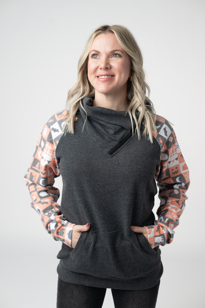 IN STOCK Zoey ZipCowl Sweatshirt -Trick-or-Treat Checkered and Charcoal FINAL SALE