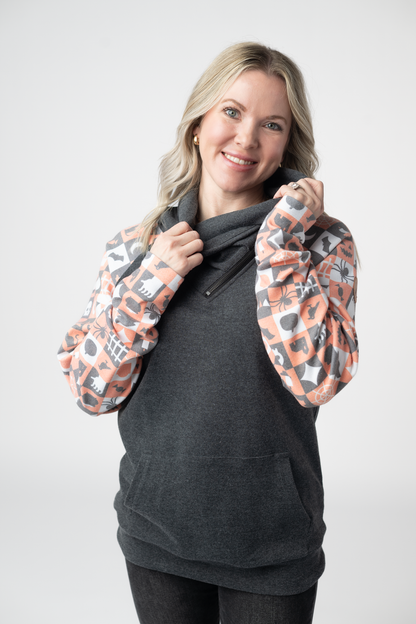 IN STOCK Zoey ZipCowl Sweatshirt -Trick-or-Treat Checkered and Charcoal FINAL SALE