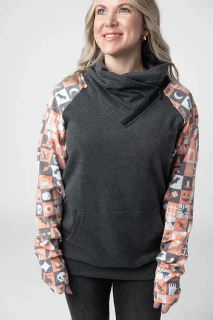 IN STOCK Zoey ZipCowl Sweatshirt -Trick-or-Treat Checkered and Charcoal FINAL SALE