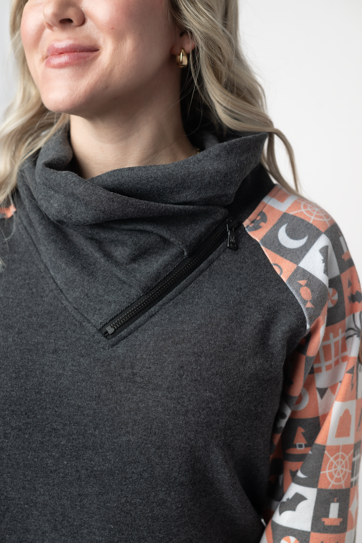IN STOCK Zoey ZipCowl Sweatshirt -Trick-or-Treat Checkered and Charcoal FINAL SALE