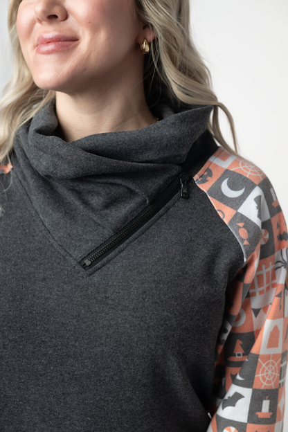 IN STOCK Zoey ZipCowl Sweatshirt -Trick-or-Treat Checkered and Charcoal FINAL SALE
