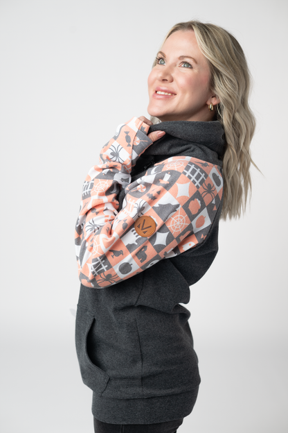 IN STOCK Zoey ZipCowl Sweatshirt -Trick-or-Treat Checkered and Charcoal FINAL SALE