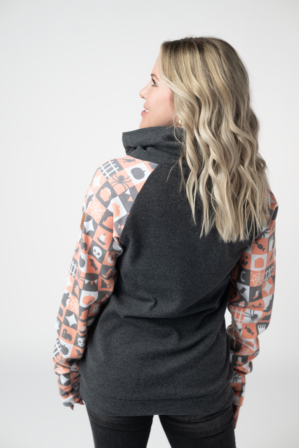 IN STOCK Zoey ZipCowl Sweatshirt -Trick-or-Treat Checkered and Charcoal FINAL SALE
