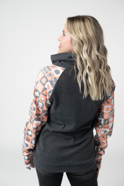IN STOCK Zoey ZipCowl Sweatshirt -Trick-or-Treat Checkered and Charcoal FINAL SALE