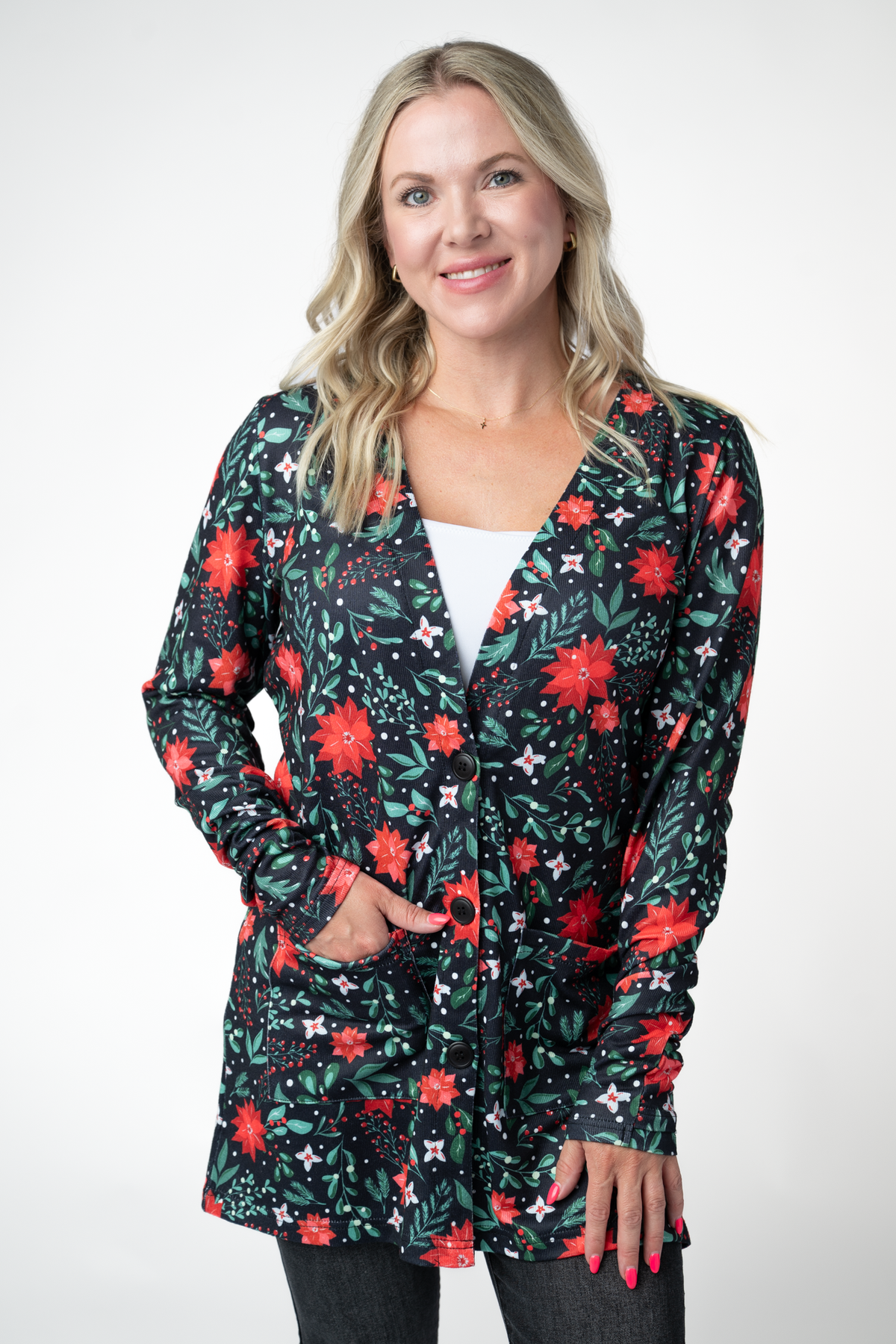 IN STOCK Cori Cardigan - Poinsettia Nights