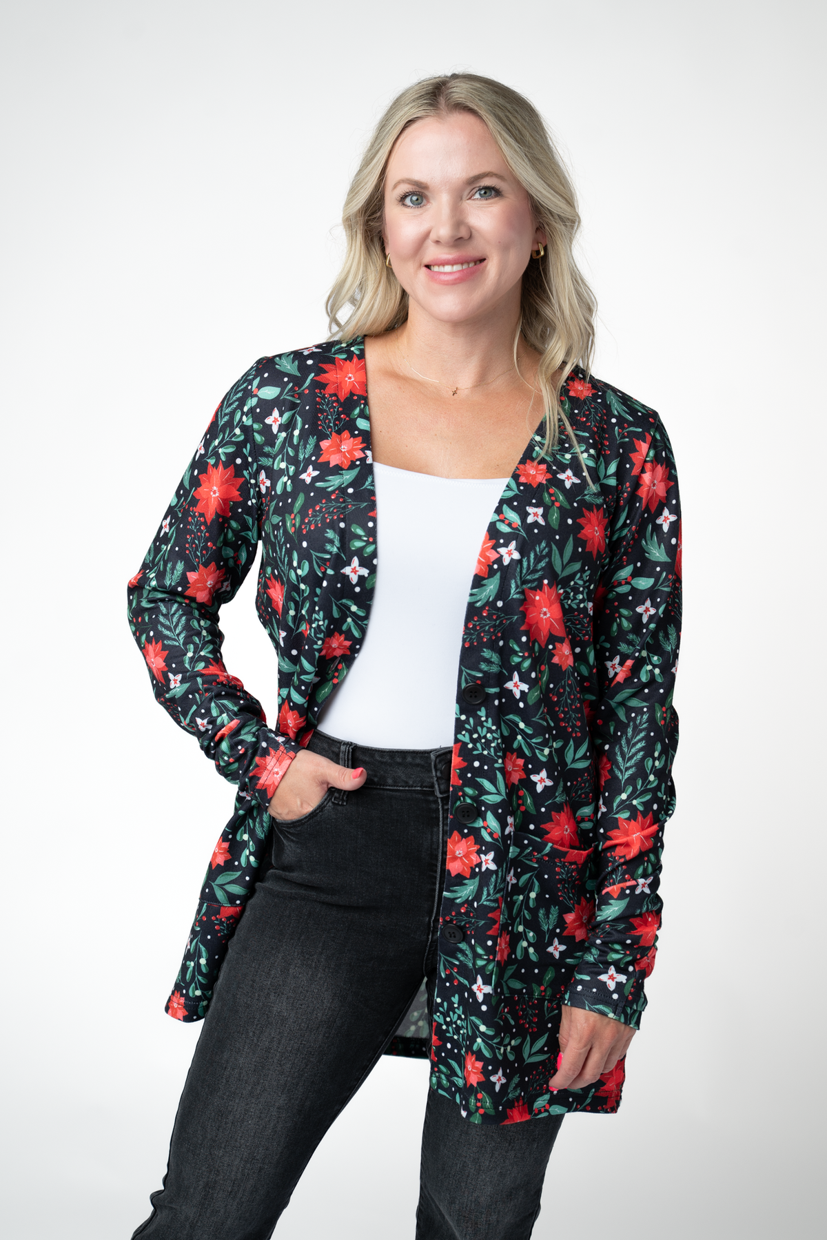 IN STOCK Cori Cardigan - Poinsettia Nights