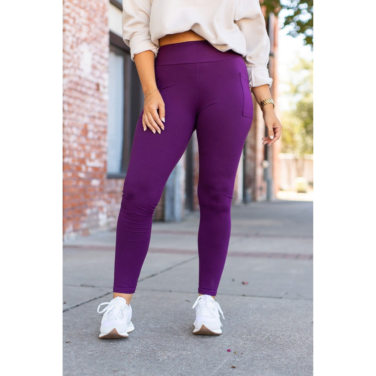 Julia Rose The Kinsley purple full length leggings front view, High-waisted purple leggings by Julia Rose