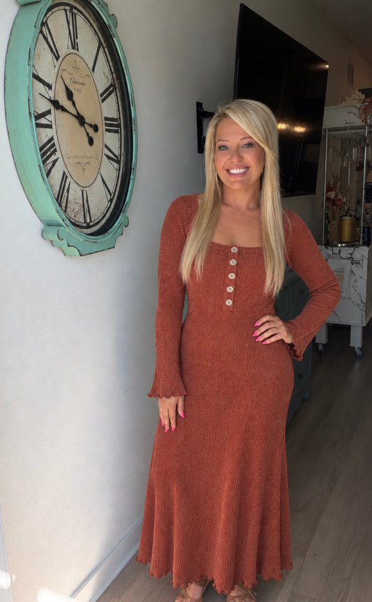 Button-Front Ribbed Knit Maxi Dress