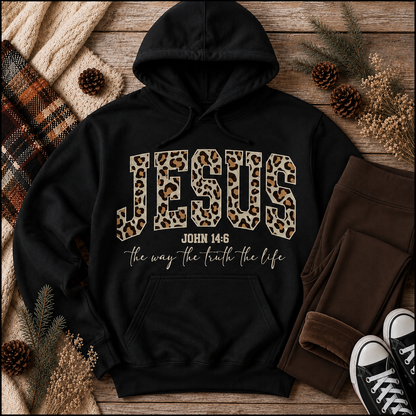 Julia Rose Jesus John 14:6 apparel featuring leopard-print JESUS lettering and the phrase The Way, The Truth, The Life.