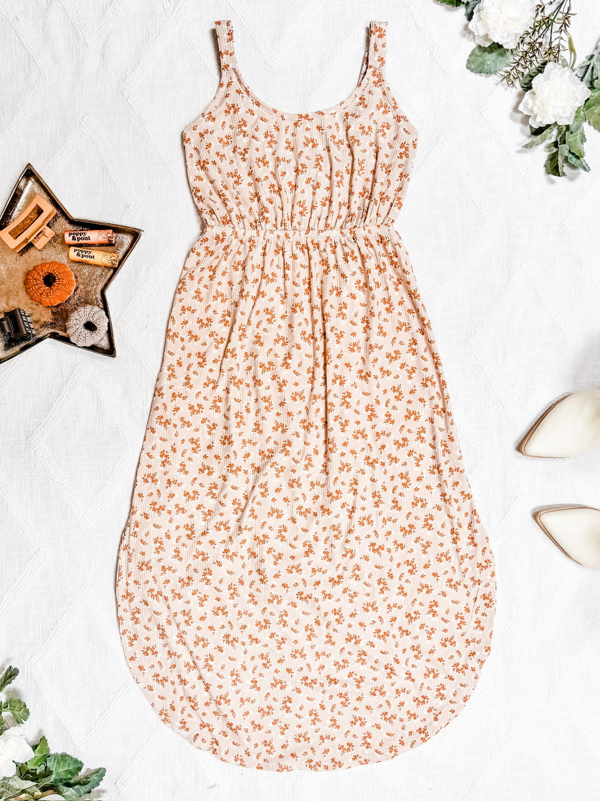 IN STOCK Reagan Ribbed Midi Dress - Sand and Rust Floral FINAL SALE