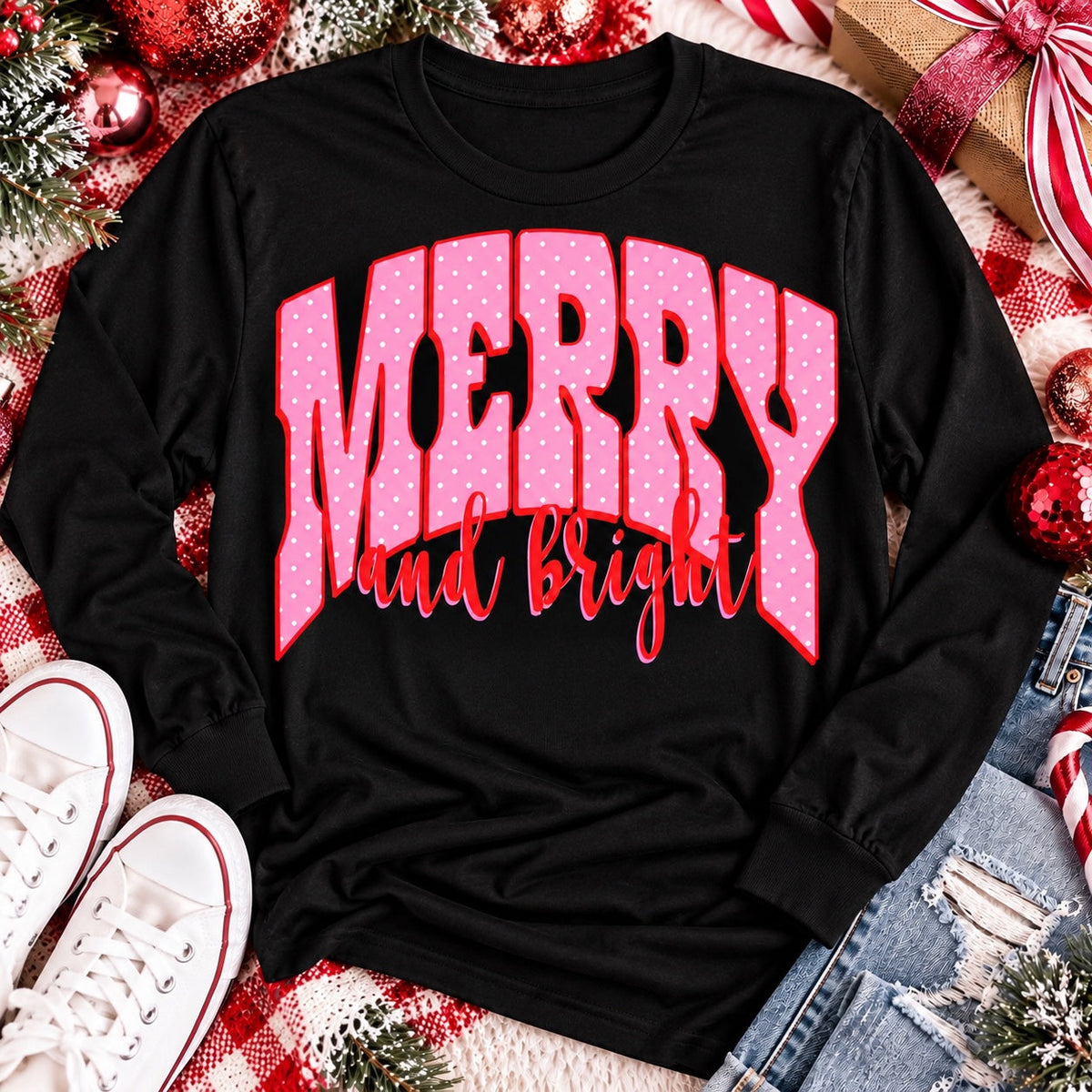 Merry and Bright Christmas graphic apparel with oversized pink polka dot lettering and festive holiday design