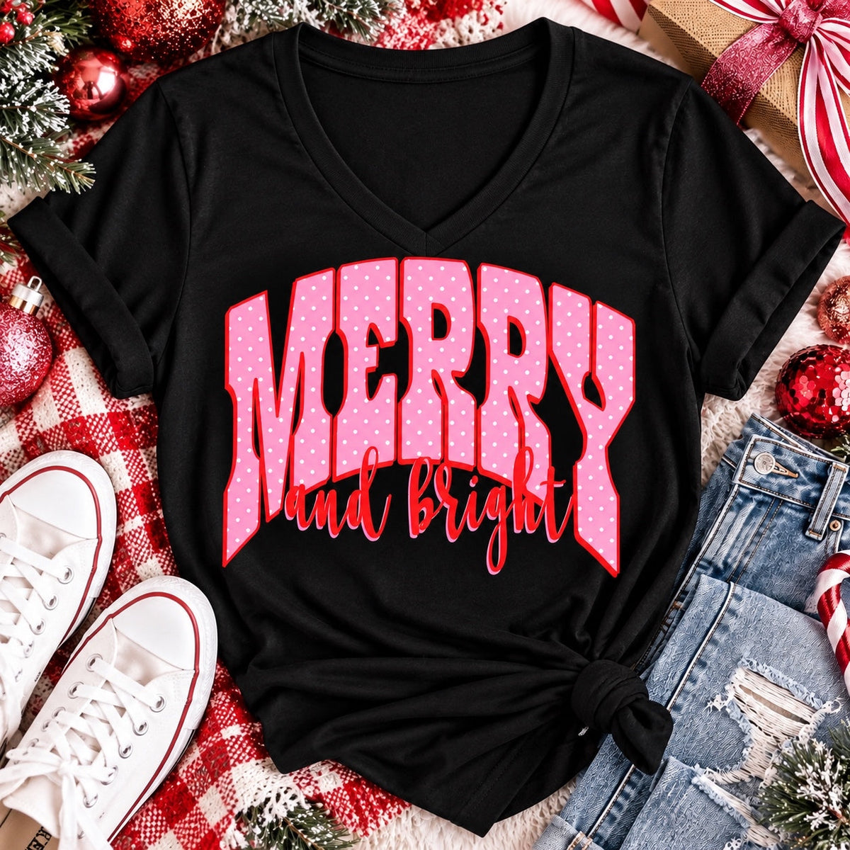 Merry and Bright Christmas graphic apparel with oversized pink polka dot lettering and festive holiday design