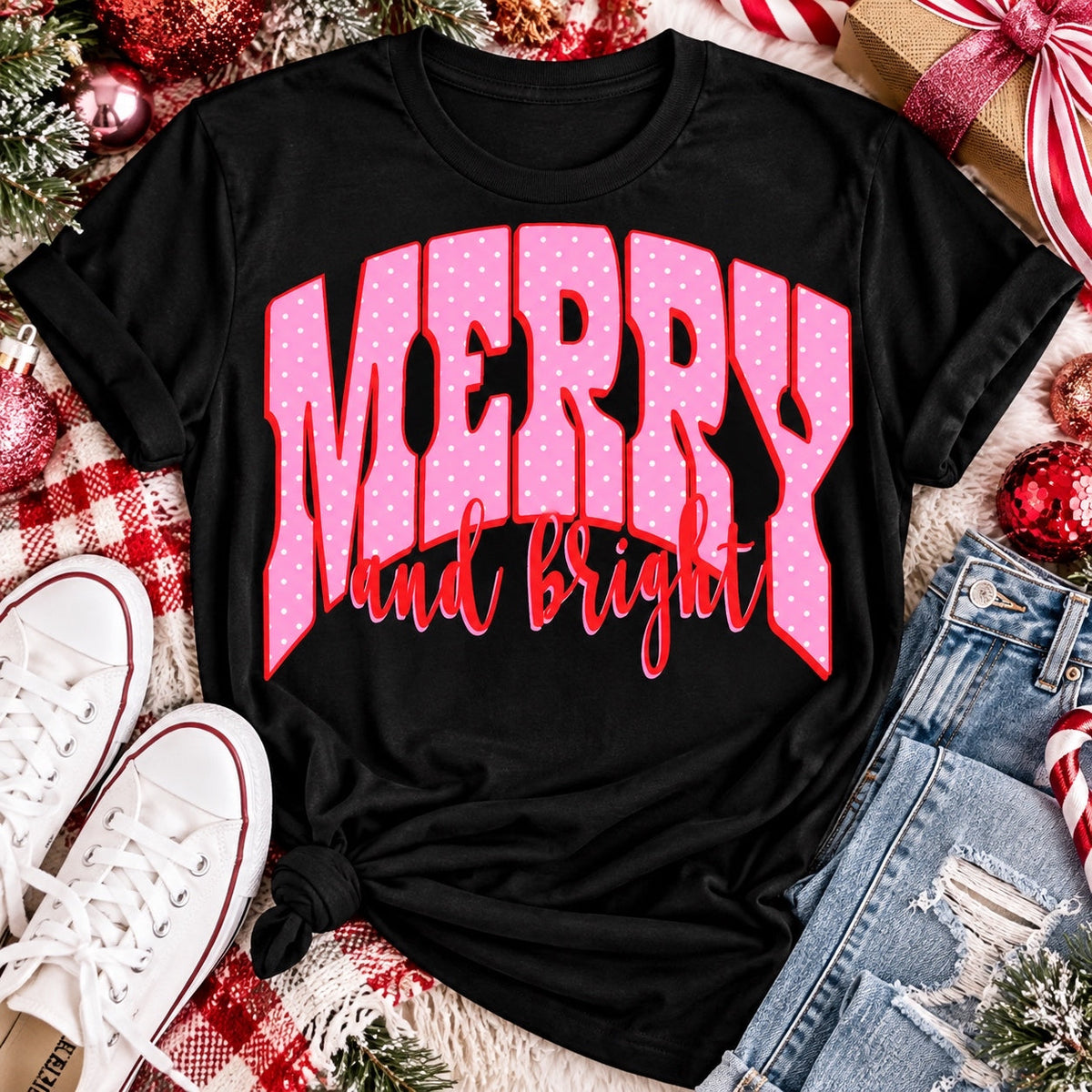 Merry and Bright Christmas graphic apparel with oversized pink polka dot lettering and festive holiday design