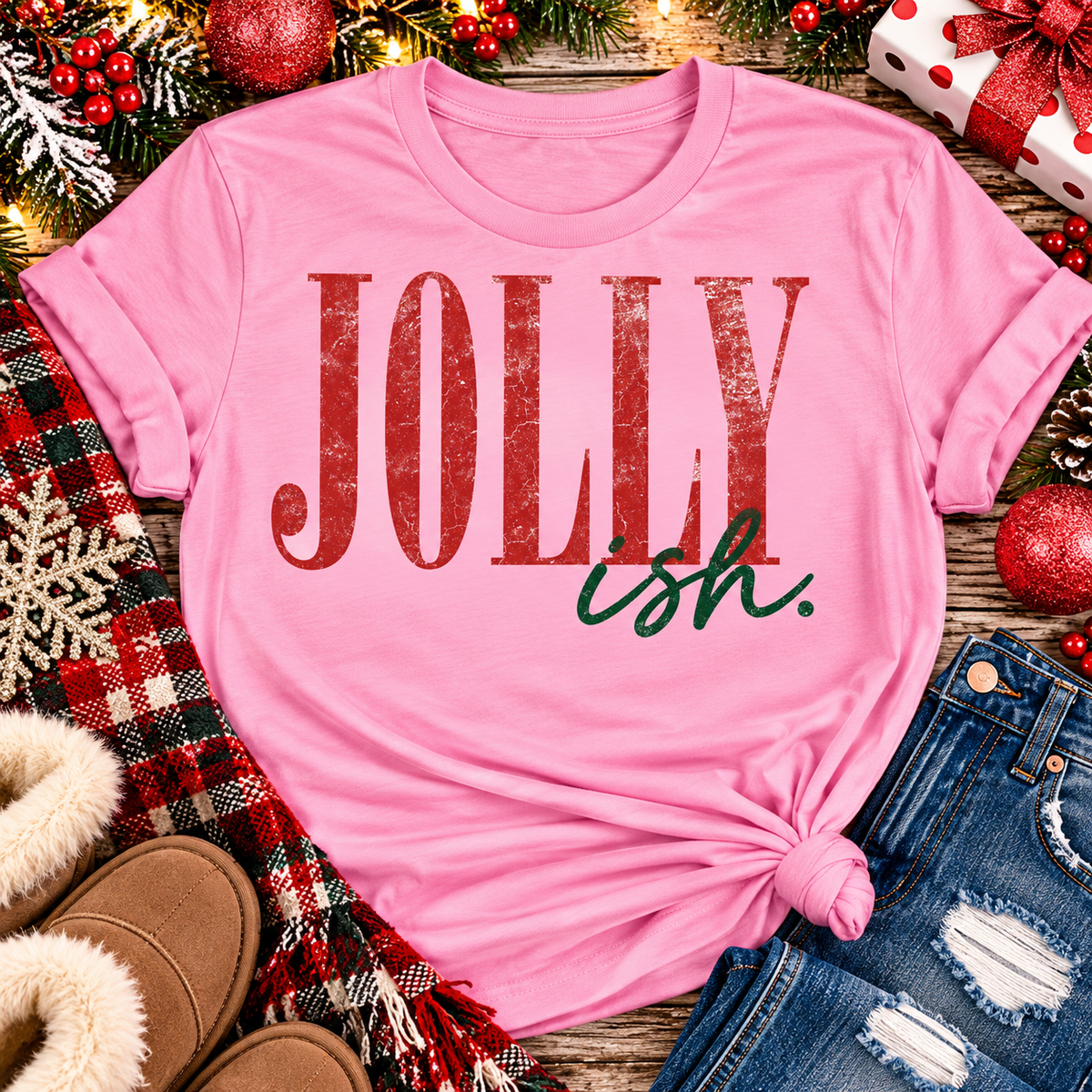 Jolly Ish Christmas graphic shirt featuring large distressed red JOLLY lettering with green handwritten ish script. Funny vintage-inspired holiday apparel available in pink and black, offered in short sleeve crewneck, V-neck, long sleeve and hoodie styles.