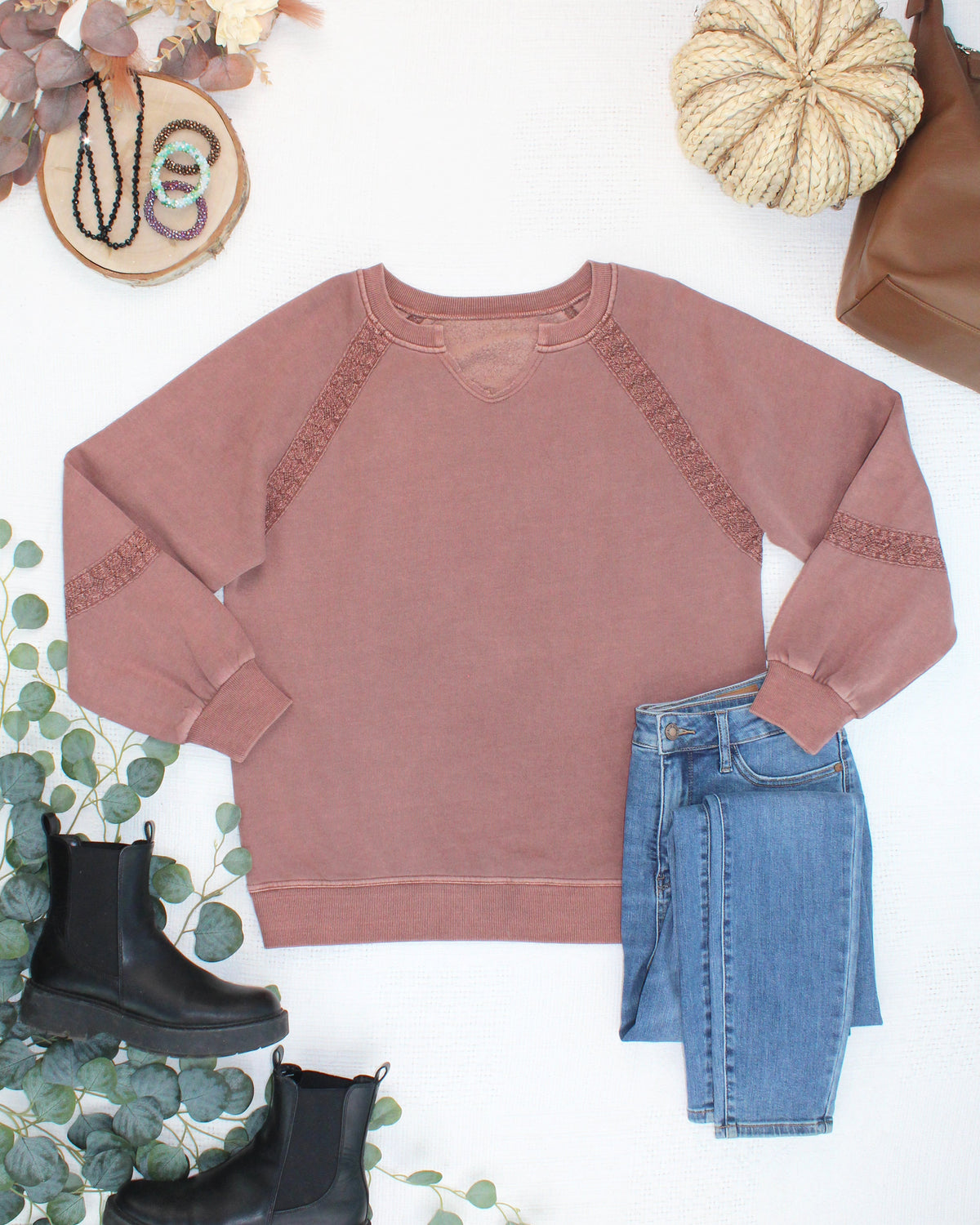 IN STOCK Lace Accent Vintage Wash Pullover - Brown FINAL SALE