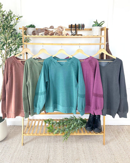 IN STOCK Lace Accent Vintage Wash Pullover - Brown FINAL SALE