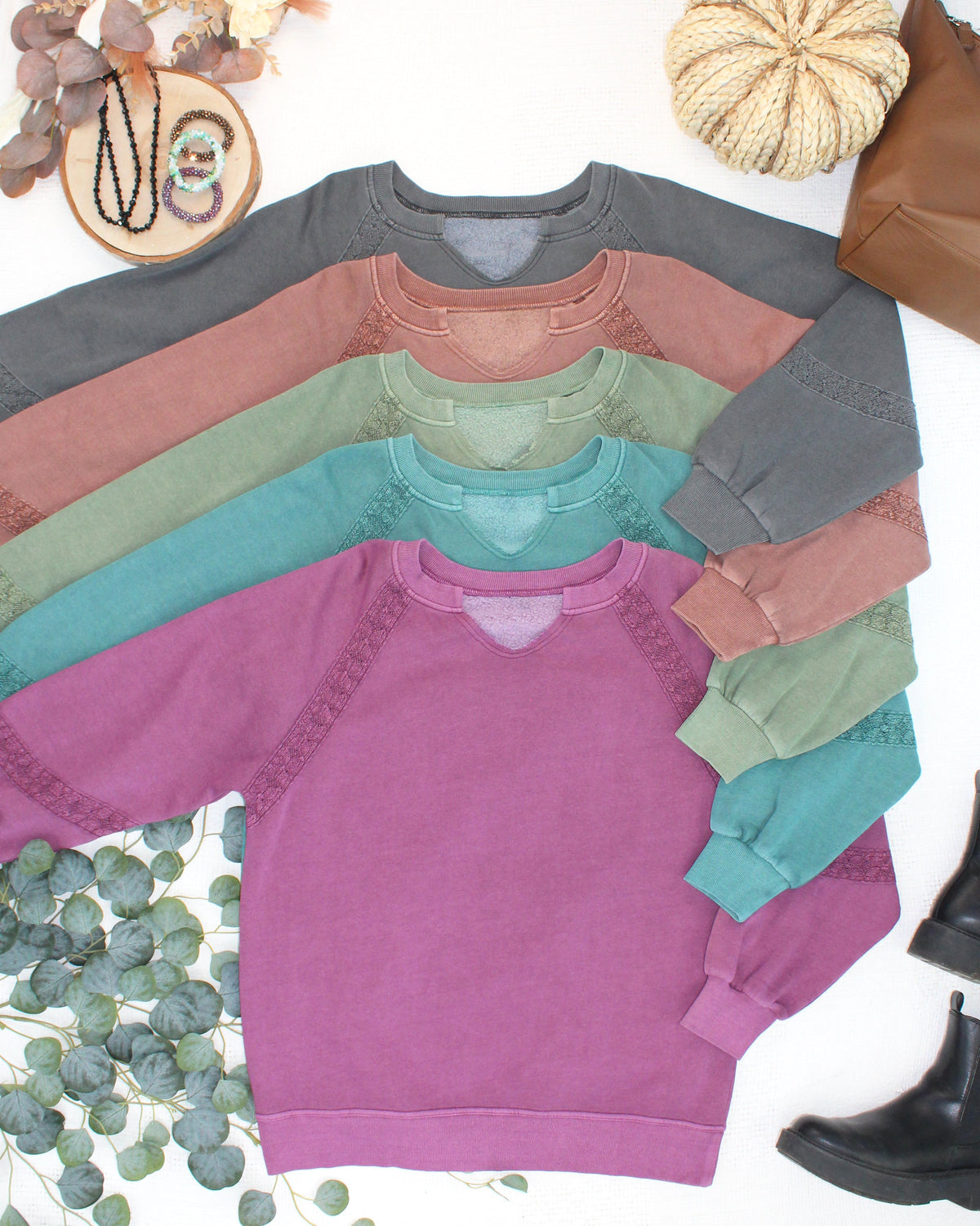 IN STOCK Lace Accent Vintage Wash Pullover - Brown FINAL SALE