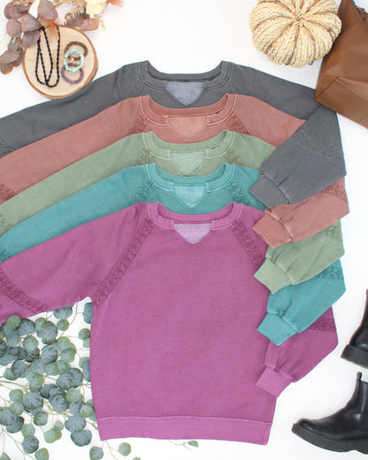 IN STOCK Lace Accent Vintage Wash Pullover - Olive