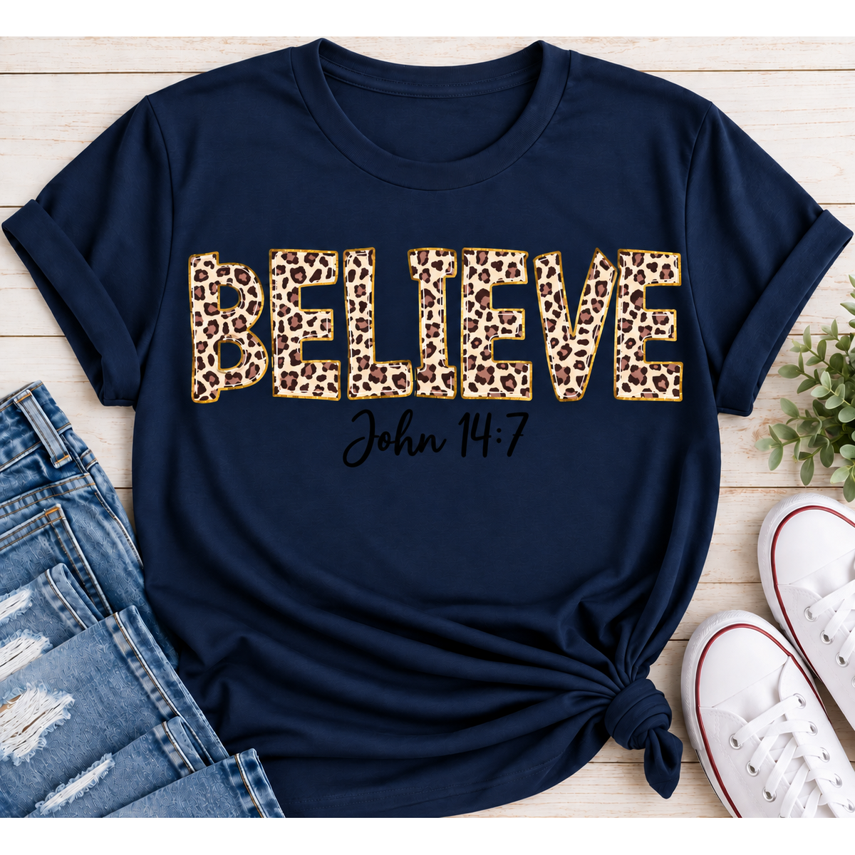 Believe John 14:7  leopard print Christian graphic shirt available in short sleeve crewneck, V-neck, long sleeve and hoodie styles.