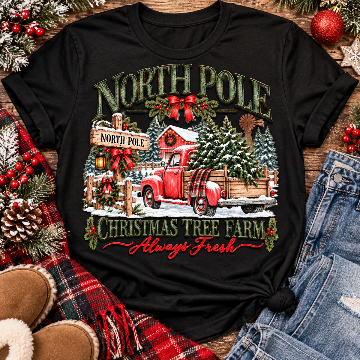 North Pole Christmas Tree Farm vintage holiday graphic shirt featuring a red pickup truck carrying Christmas trees, snowy evergreen trees, rustic farmhouse scenery, festive red bows, and distressed green lettering reading North Pole Christmas Tree Farm Always Fresh. Available in beige and black in short sleeve crewneck, V-neck, long sleeve crewneck, and hoodie styles.