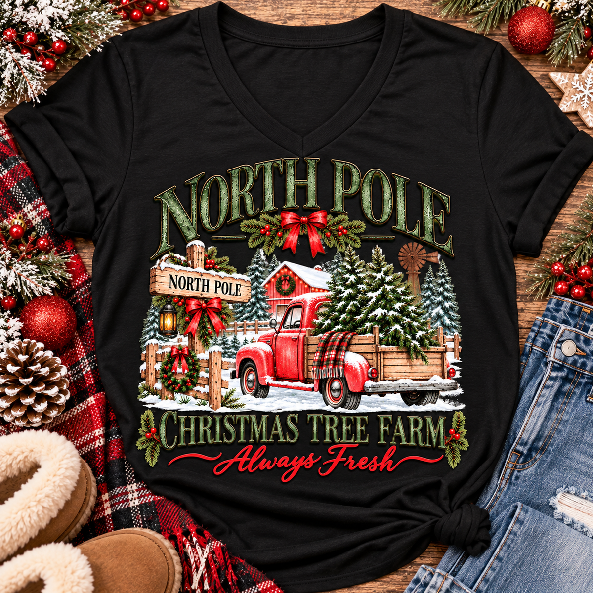 North Pole Christmas Tree Farm vintage holiday graphic shirt featuring a red pickup truck carrying Christmas trees, snowy evergreen trees, rustic farmhouse scenery, festive red bows, and distressed green lettering reading North Pole Christmas Tree Farm Always Fresh. Available in beige and black in short sleeve crewneck, V-neck, long sleeve crewneck, and hoodie styles.