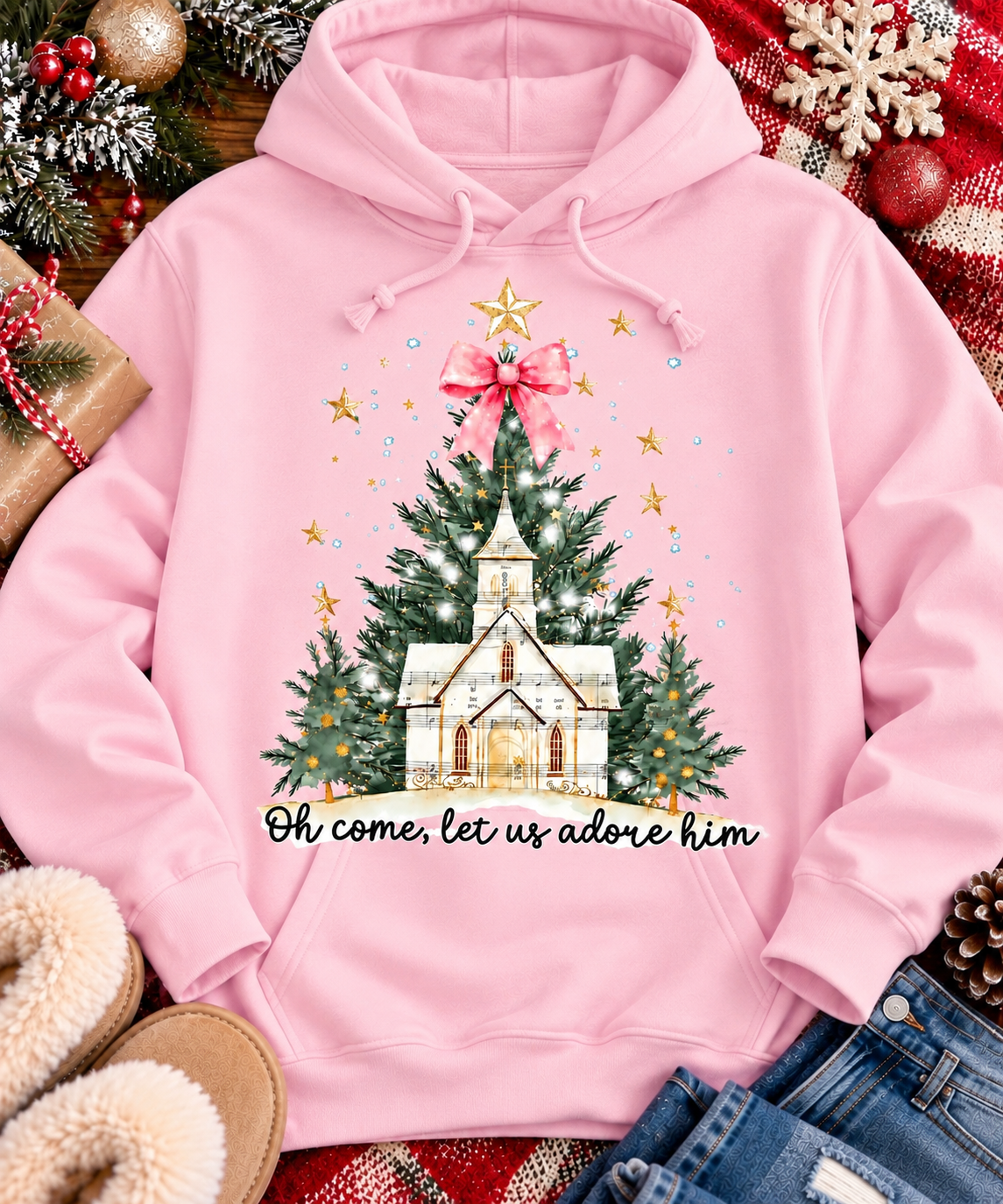 Oh Come Let Us Adore Him Christian Christmas graphic apparel with church, Christmas trees, stars and pink bow