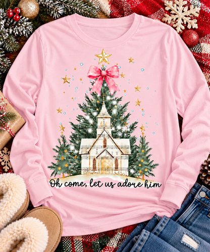 Oh Come Let Us Adore Him Christian Christmas graphic apparel with church, Christmas trees, stars and pink bow