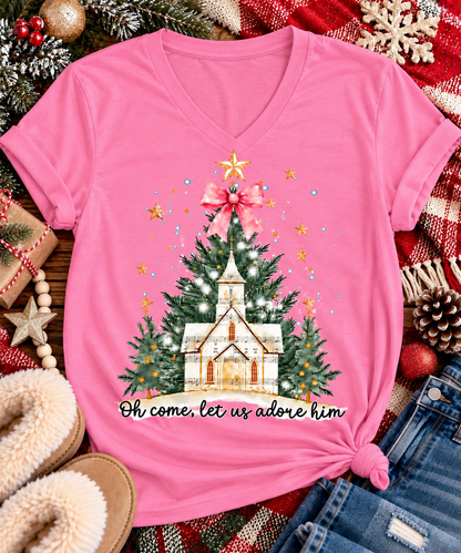 Oh Come Let Us Adore Him Christian Christmas graphic apparel with church, Christmas trees, stars and pink bow