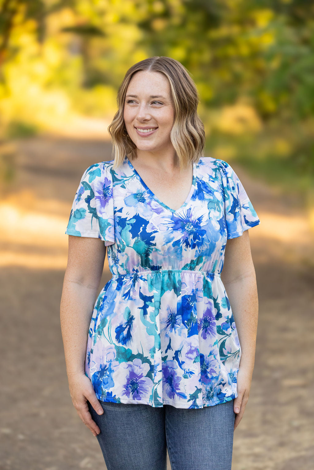 IN STOCK Emery Ruffle Top - Blue Floral | Women's Blouse Small
