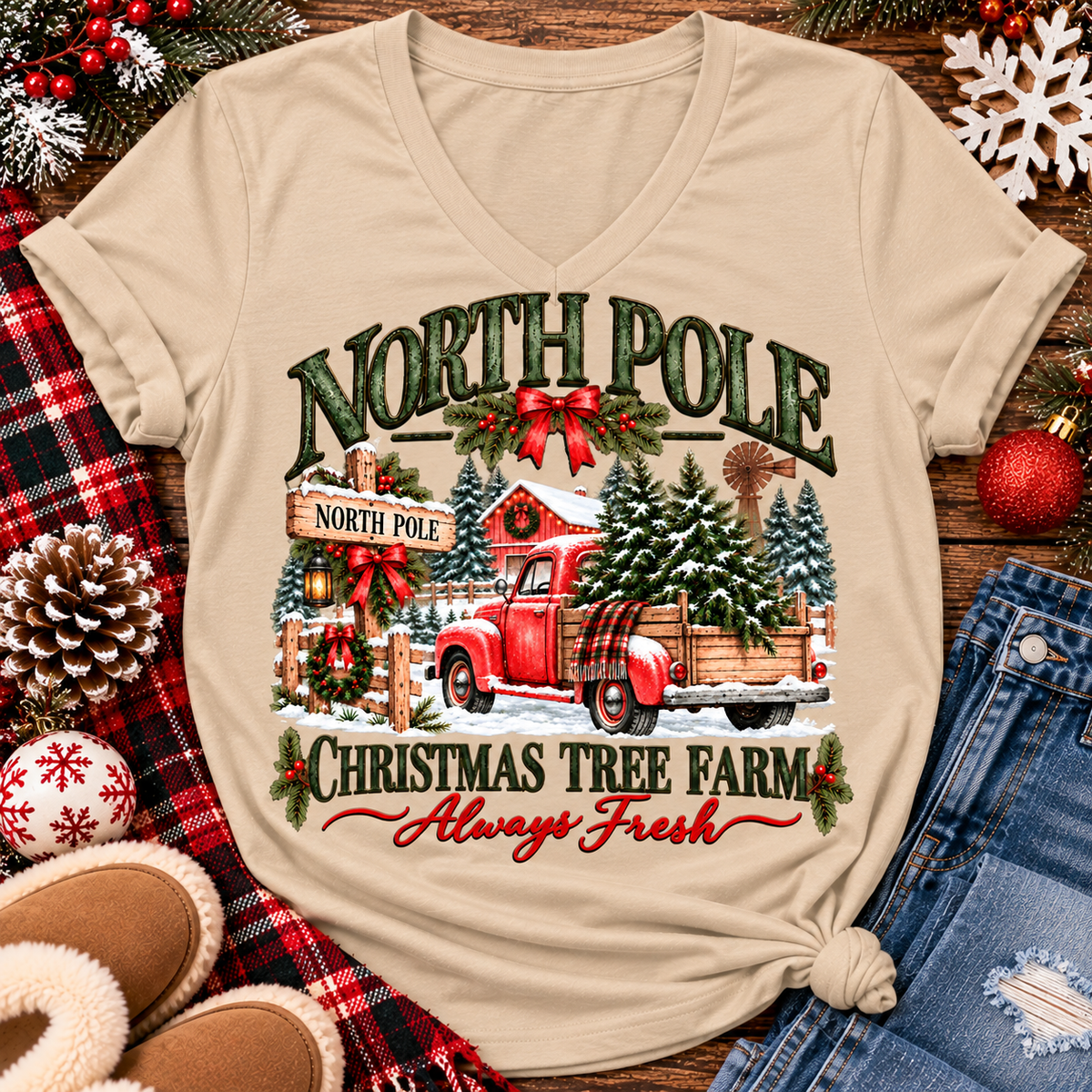 North Pole Christmas Tree Farm vintage holiday graphic shirt featuring a red pickup truck carrying Christmas trees, snowy evergreen trees, rustic farmhouse scenery, festive red bows, and distressed green lettering reading North Pole Christmas Tree Farm Always Fresh. Available in beige and black in short sleeve crewneck, V-neck, long sleeve crewneck, and hoodie styles.