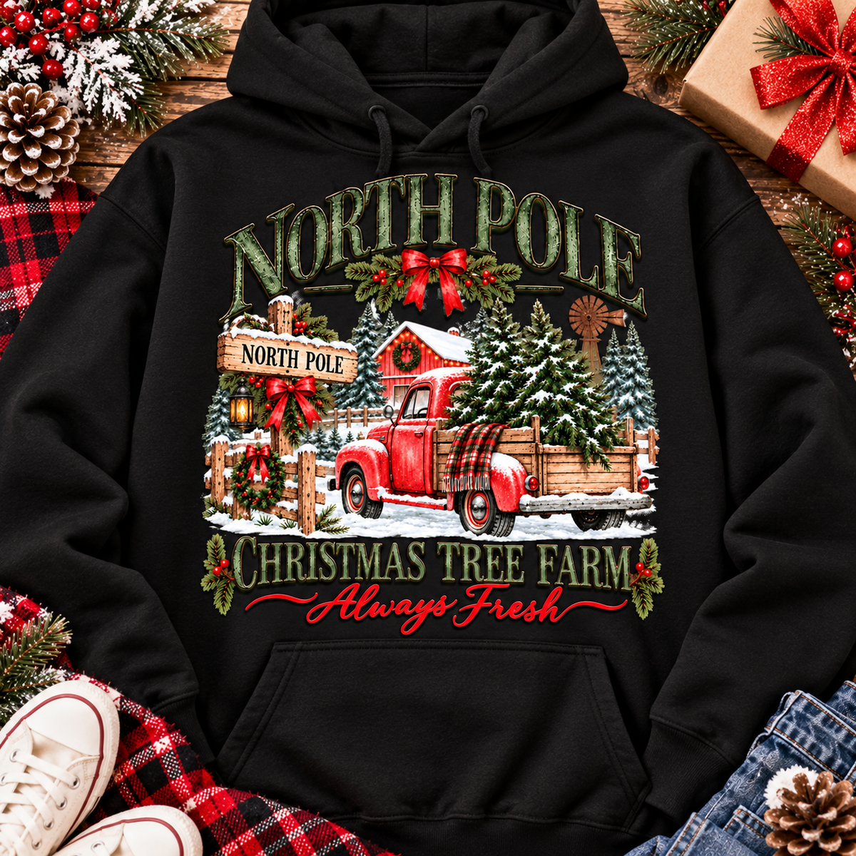 North Pole Christmas Tree Farm vintage holiday graphic shirt featuring a red pickup truck carrying Christmas trees, snowy evergreen trees, rustic farmhouse scenery, festive red bows, and distressed green lettering reading North Pole Christmas Tree Farm Always Fresh. Available in beige and black in short sleeve crewneck, V-neck, long sleeve crewneck, and hoodie styles.