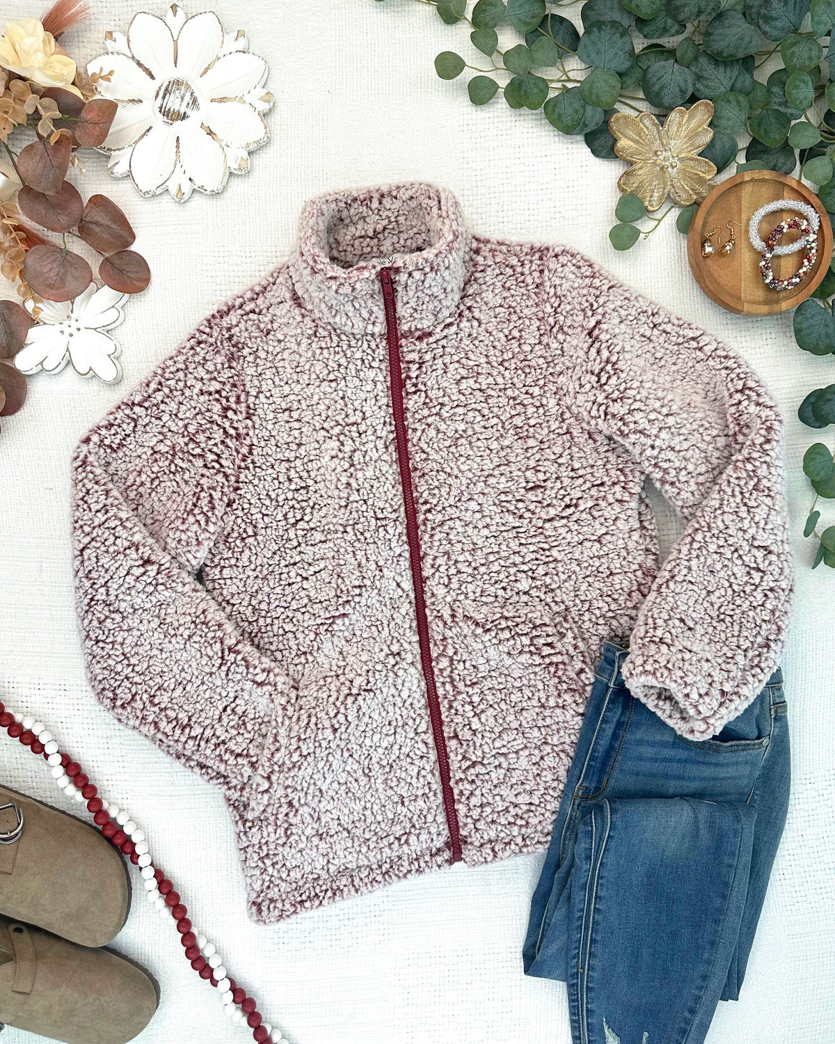 IN STOCK Two Tone Fullzip Sherpa - Cranberry and White