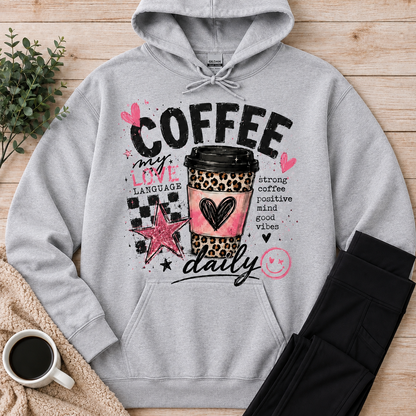 Coffee My Love Language graphic hoodie with pink and leopard print coffee cup design