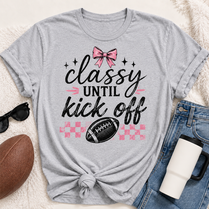 Classy Until Kick Off graphic crewneck tee with pink bow, football and pink checkerboard design