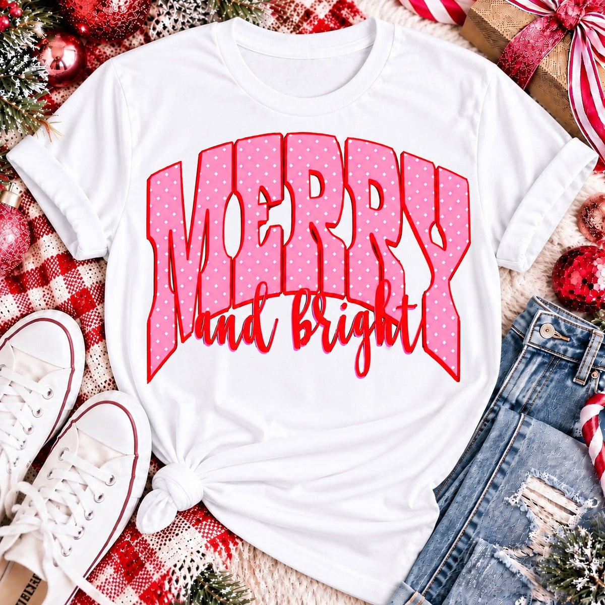 Merry and Bright Christmas graphic apparel with oversized pink polka dot lettering and festive holiday design