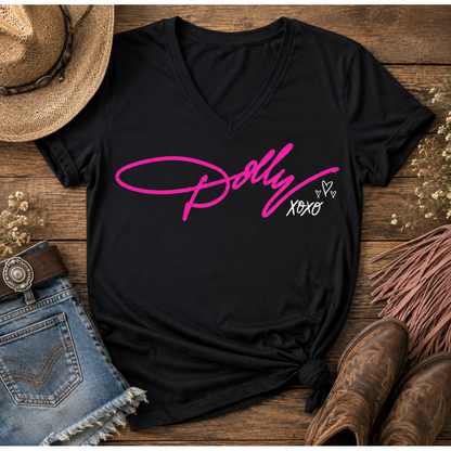 Black Dolly tribute graphic T-shirt featuring bright pink Dolly script with white XOXO and heart details.